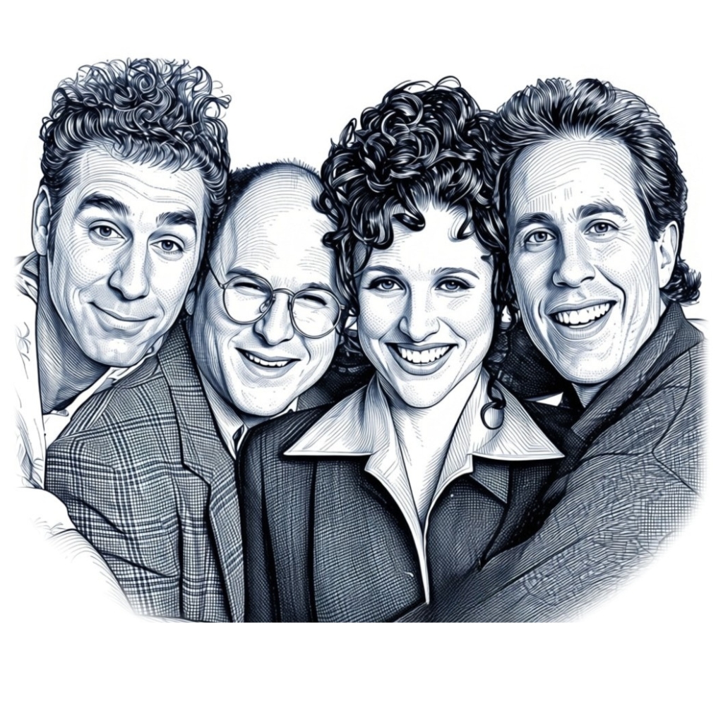 Seinfeld characters. From left to right: Kramer, George, Elaine, Jerry