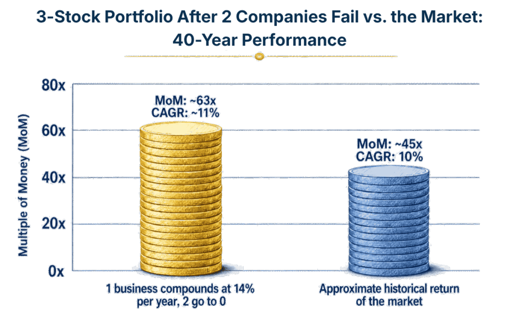 Bar chart showing that a three-stock portfolio with two holdings going to zero still reaches 63 times its initial value when the remaining stock compounds at 14%, versus 45 times for the market.