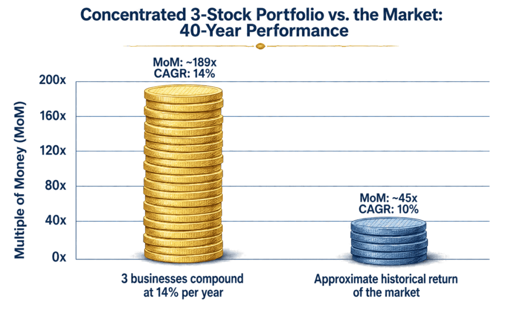 Bar chart comparing 40-year growth: a concentrated three-stock portfolio reaches 189 times its initial value versus 45 times for the market.
